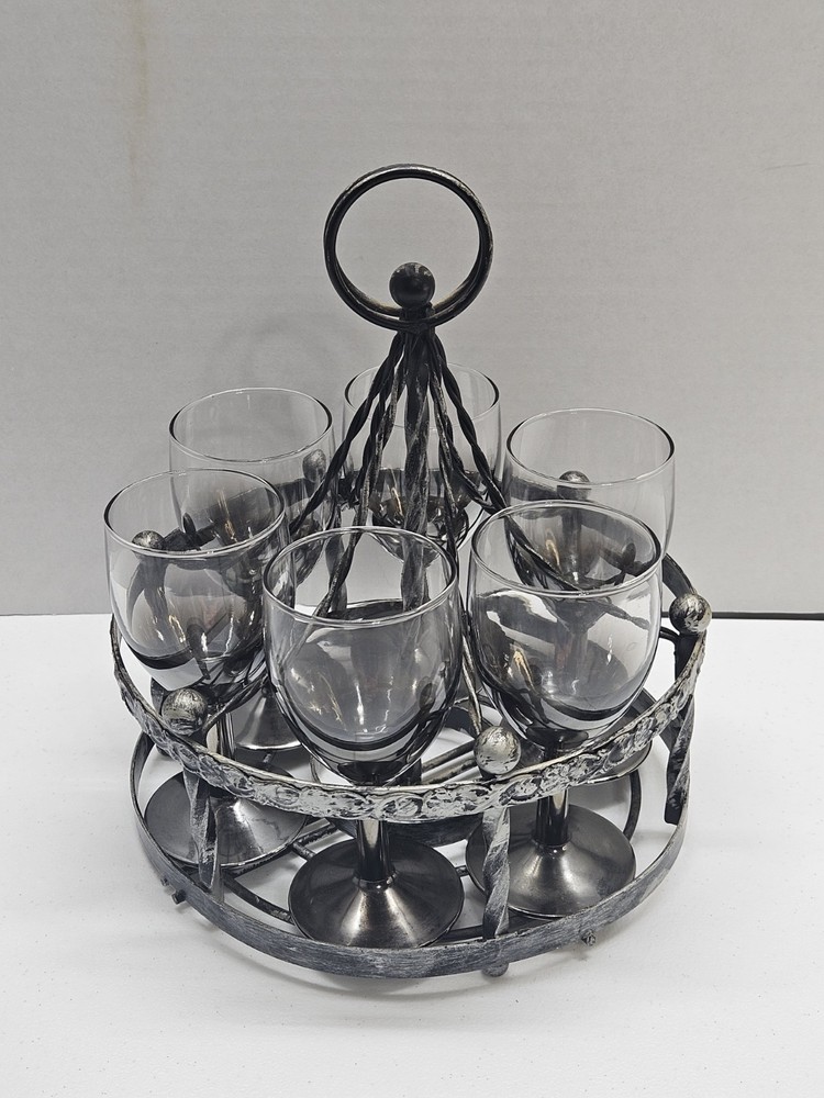 MCM Silver Fade Bar Set 6 Wine Glasses With Metal Caddy