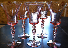Vtg Set 5 TIFFIN FRANCISCAN Water Goblet Glasses PINK SWIRL OPTIC 8.75″ 15022