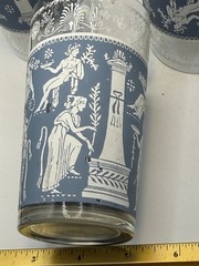 Set 4 Greek Revival Highball Glasses Tumblers Blue White Silver Figural Motif