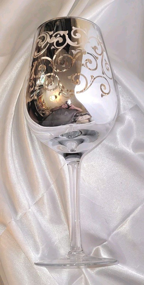 Cristalleria Fumo Style Large Silver/Gold Wine Goblet China 10″H Great Condition