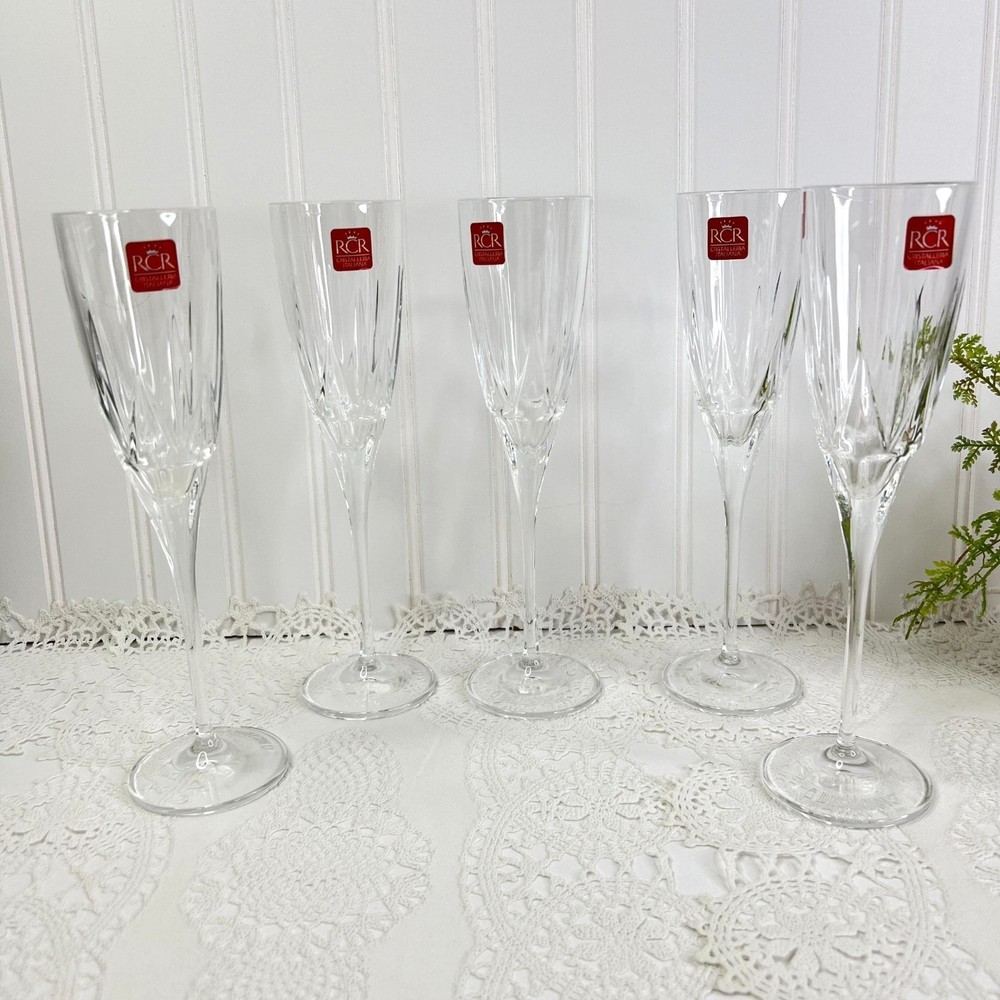 Set of 5 RCR Christalleria Italiana Disaronno Champagne Flute Glasses 9.25″