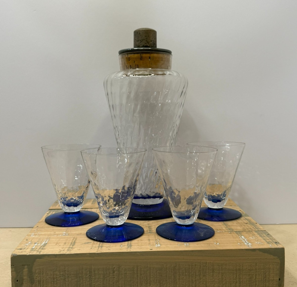 Antique Bryce Brothers Blown Optic Cocktail Shaker & 4 Cobalt Footed Glasses Lot