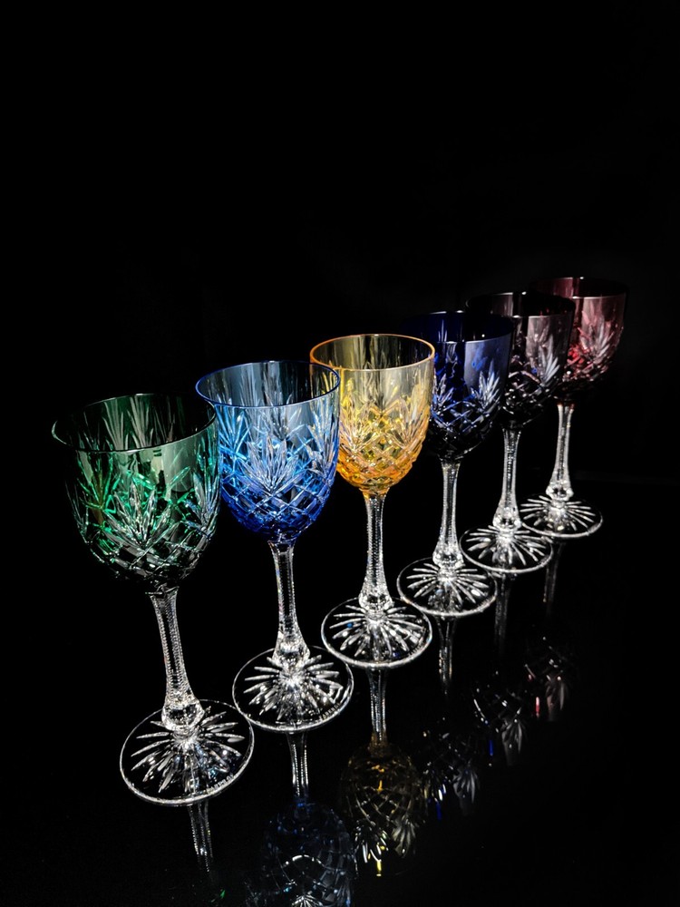 Faberge Odessa Crystal Colored Wine Glasses set measure 8 3/8″ H in Faberge case