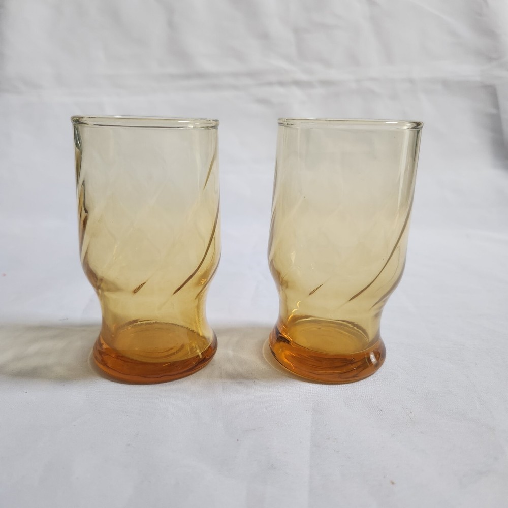 Pair Vintage Libbey Amber Yellow Honey Optic Swirl Juice Glasses AS IS