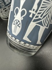HAZEL ATLAS BLUE & WHITE EGYPTIAN HIEROGLYPHS HIGHBALL GLASS 16OZ Set of 2