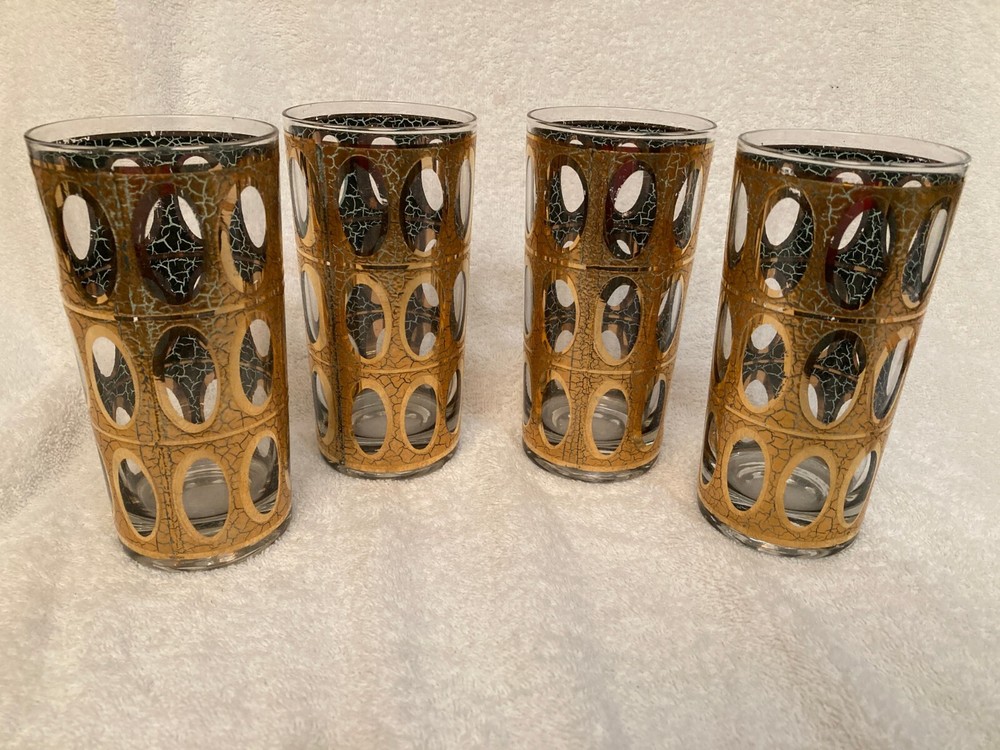 Vintage Culver Pisa Highball Glasses 22k Gold Crackle Textured Overlay Set of 4