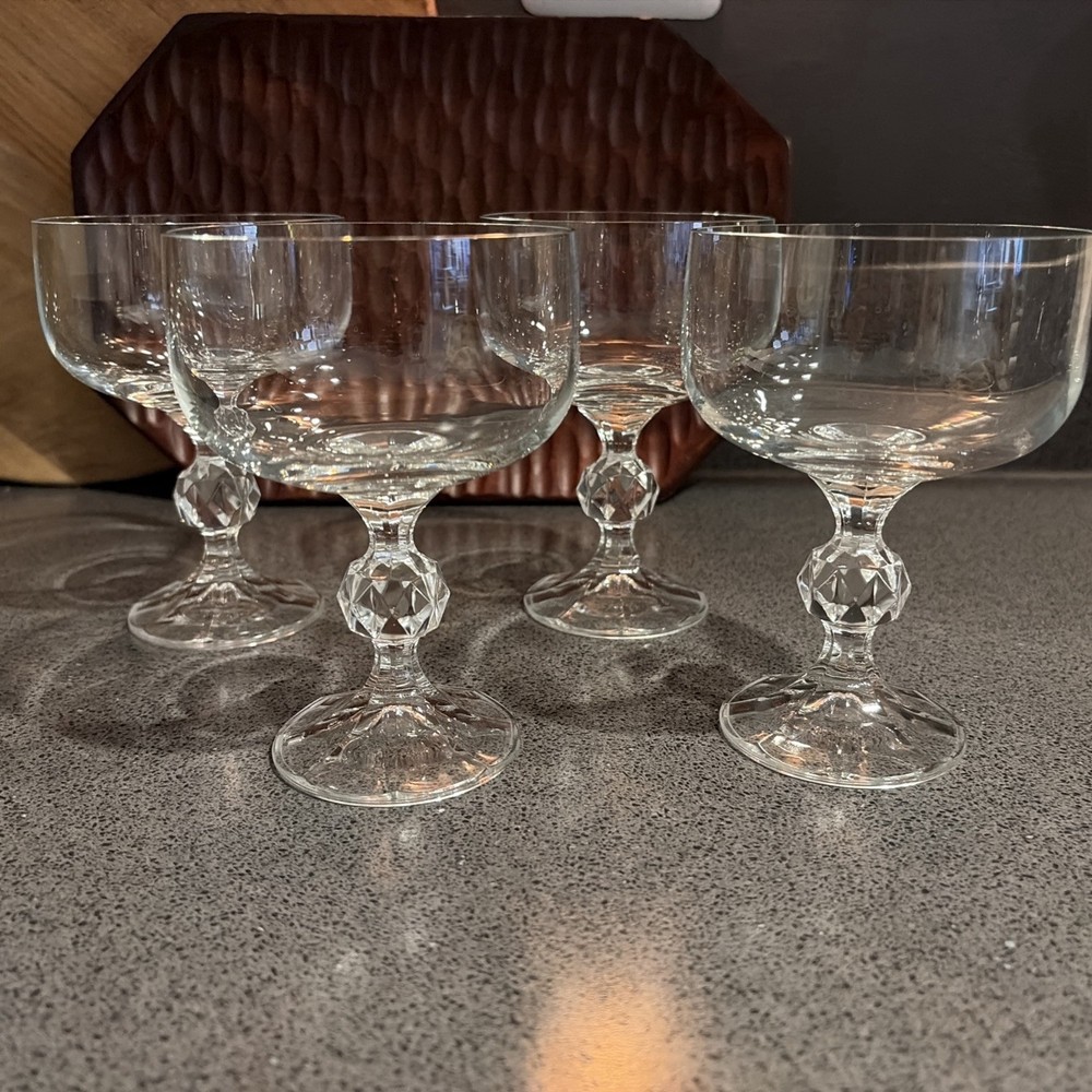 Vintage 1970s Bohemia Crystal Claudia Coupe Glasses Set of 4 Faceted Prism Stem
