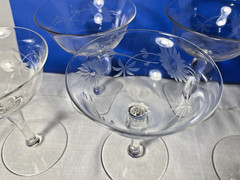 Vtg Set of Six Crystal Wine Goblets, Etched with Flowers Daisy Sunflower