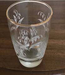 Clear Glass Lily of the Valley Etched Raised White & Gold Flower Gold Rim 10 oz.