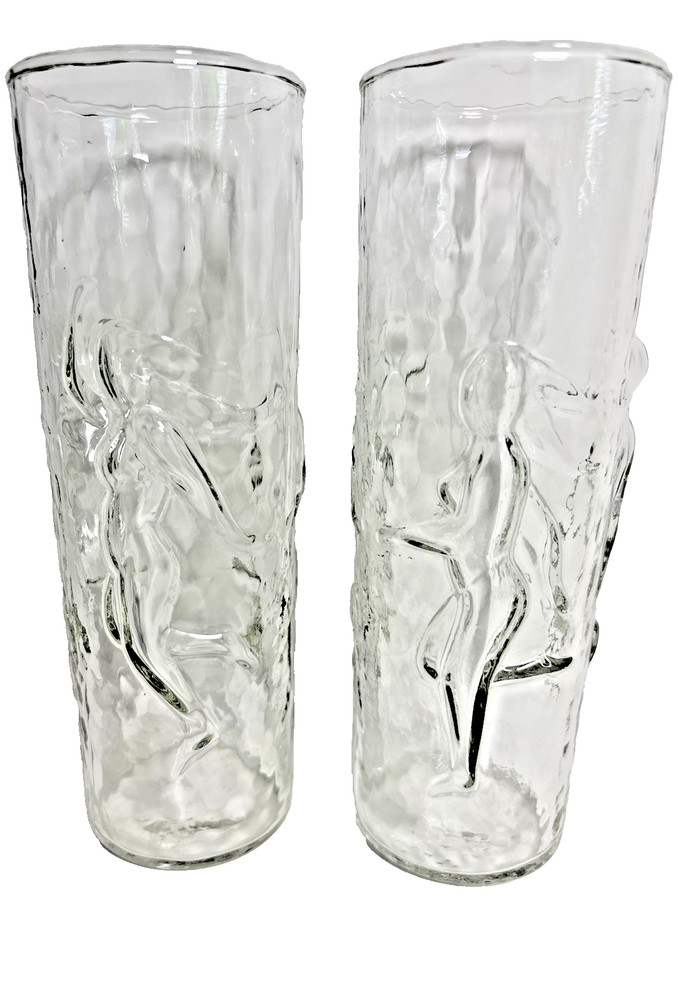 2 Vtg. LIBBEY Glass Tall 7″ Highball 3D Female BODY «La Femme» Mid-Century Mod.