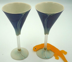 Pair of Newman Ceramic Works White Calla Lily Wine Goblets Glasses 7.5″ Signed