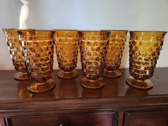 Set of 6 Vintage Indiana Whitehall Amber Glasses, Cubits Design, 6″ Tall, VGC