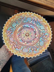 Super Pretty Dugan Peach Opalescent Carnival Glass Fanciful Pattern Plate
