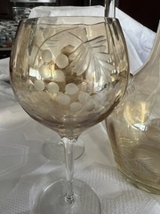 Elegant Set Of 4 Wine Glasses And Decanter Cut to Clear Gold Hand Cut