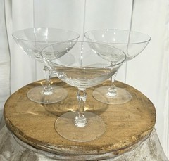 Vtg Set Of 3 Etched Rose Delicate Crystal Champagne Coupe Stemware Glasses