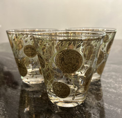 3-Vtg Culver MCM 22K Gold Coins & Ivy Lowball Whiskey Barware Glasses 4″
