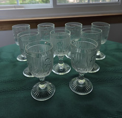 Set of 9 Crystal Aperitif Gasses, Floral Pattern, Decorative Etched Design