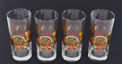 4 CULVER 22 K GOLD 6.25″ CHRiSTMAS YULE FRENCH HORN RiBBON BOW 16 oz GLASSES SET