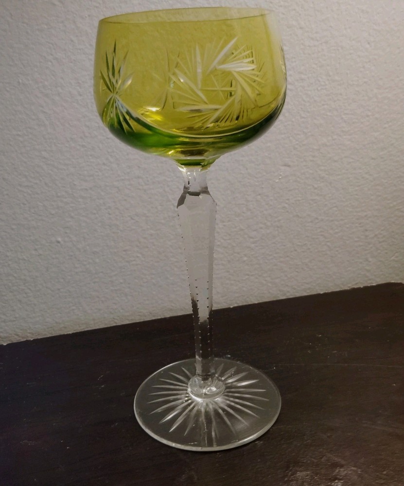 Bohemian Green Lime Cut Crystal Wine Cordial Glass