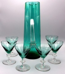 MCM Bayel France Emerald Green Crystal Martini Pitcher Set 6 Glasses Stirrer