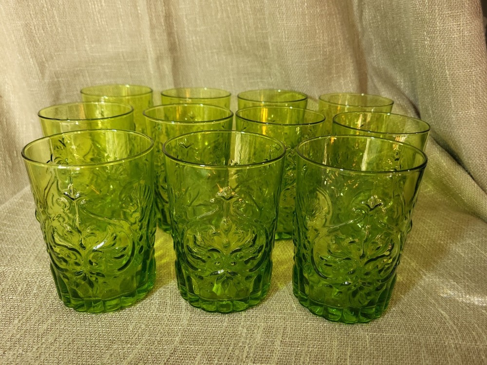 VTG Set 11 Olive Green Pressed Glass Tumblers 4″ Floral Scroll Rocks Juice Glass