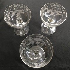 Vintage 1920s Gray Cut Birds Nests & Eggs Hand Blown Champagne Glasses, Lot Of 3