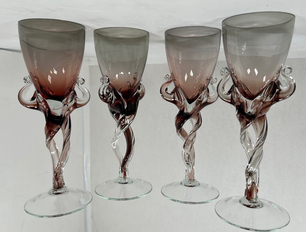 purple glass stemware 4 wine glasses hand blown glass melted 2 strands twisted