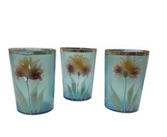 Antique Victorian Set Of 3 Cups Sugar Blue Glass Hand Painted Flower Circa 1900