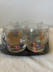 Couroc of Monterey MCM Set of 4 Eagle American Flag 22K Gold Glasses w/ Tray 70s
