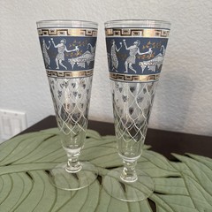 Vintage Greek Scene Etruscan Frieze Glasses by Cera Blue & Gold & White Set of 2