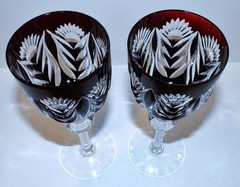 PAIR VINTAGE JOSAIR JOSEPHINE HUTTE RUBY CUT TO CLEAR 8 1/4″ WINE HOCK GLASSES