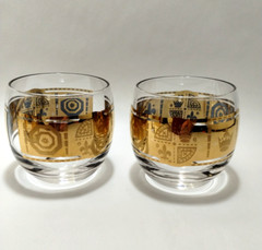 (4) VITO BARI GOLD ROLY POLY Cocktail Glass~CULVER Style Bar Glass~3″x3~22k Gold