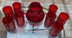 Artland Iris Ruby Red Bubble Glass Pitcher & 8 Tumblers Set 9 Pc Service For 8