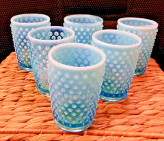 Set of 6 Fenton Blue Opalescent Glass Hobnail Barrel Tumblers Cups Lot 3.5”