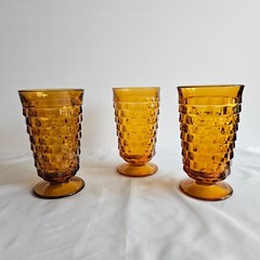 Indiana Glass Goblets Set of 3 Amber Honeycomb Pedestal Glasses Mid Century