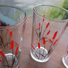6 Hand Painted Cattail 3 3/4″ 4 oz. Water Glass Tumblers Original Vintage Lot