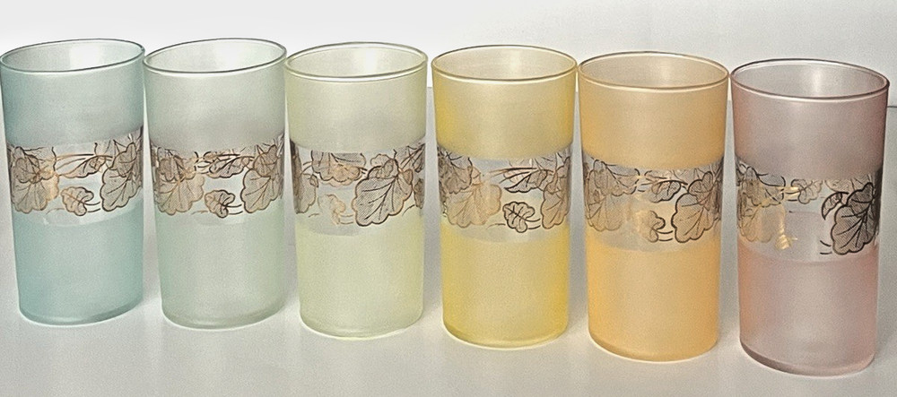 Frosted Pastel Glasses MCM Set 6 Gold Vine Bands 10 oz Barware Spring A01978