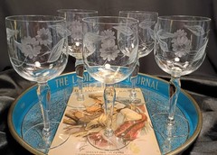 5 Vintage Glastonbury-Lotus Floral & Leaf Cut Wine Glasses Water Goblets Set