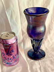 irridescent cobalt blue art glass goblet signed Paul B