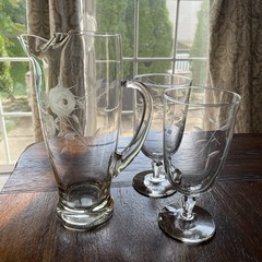 MCM Libbey Set 6.75″ Iced Tea Wine Etched Floral Glass Goblets 9″ Carafe Pitcher