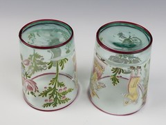Pair Blown Enameled Glass Tumbler Cup Figures Fruit Rose German Venetian Antique