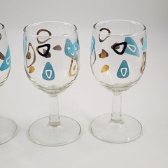 4 Federal Atomic Boomerang Cocktail Wine Stemed Drinking Glasses Turquoise Gold