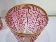 Lot of 2 Moser Bohemian Raised Gold Enamel Rose Berry Scrollwork Cranberry Glass