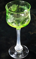 Antique NEEDLE ETCHED GREEN URANIUM GLASS Wine Goblet Clear Bubble In Stem c1900