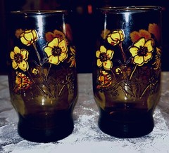 VINTAGE FLORAL Brown Yellow and Orange Juice Glass Set of 2