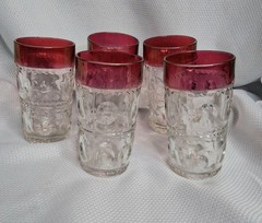 King’s Crown Ruby Red Flash Thumbprint Highball Glasses 12oz Vintage Set Of 5
