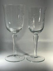 Clear,glass, etched flowers, red&white wine glasses