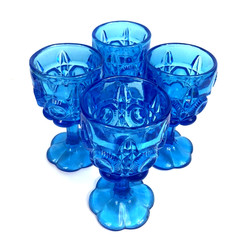 4 Vtg Kanawha Blue Bulls Eye & Daisy Water Wine Glass Goblet Cottage Whimsical