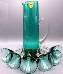 MCM Bayel France Emerald Green Crystal Martini Pitcher Set 6 Glasses Stirrer