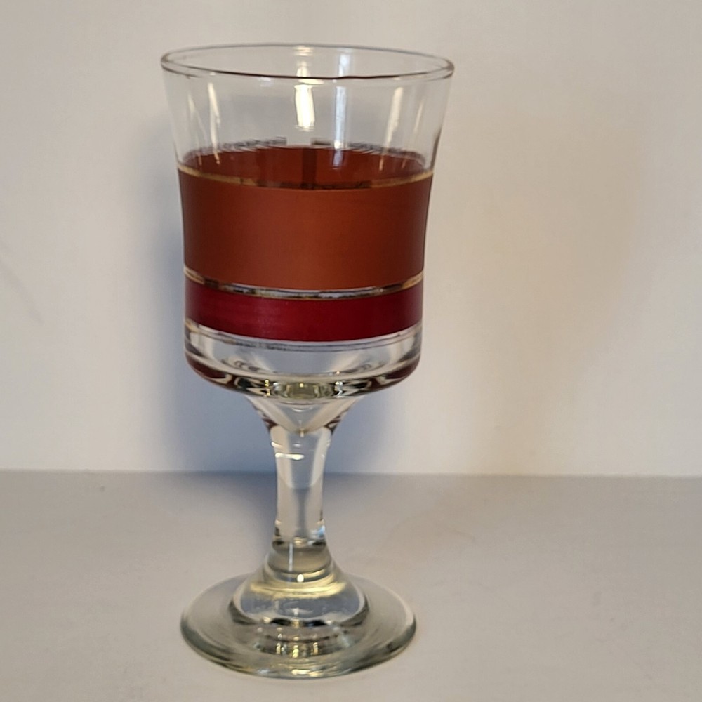 Libbey Brandywine Pattern Goblet Glass 6.25in Tall Brown Maroon Gold Vintage